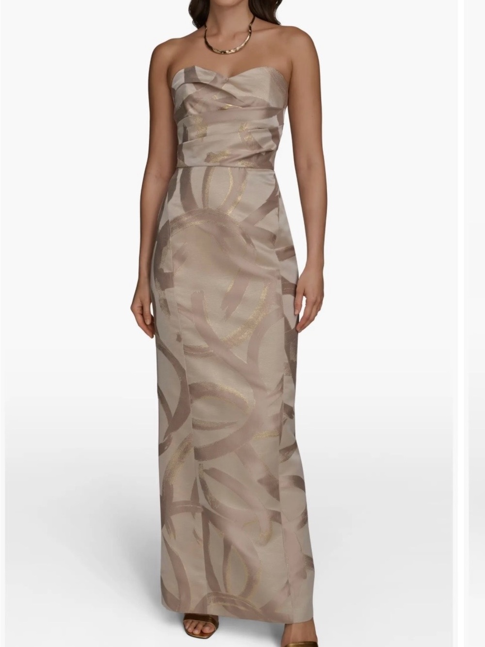 Donna Karan Taupe and Gold Strapless Evening Gown